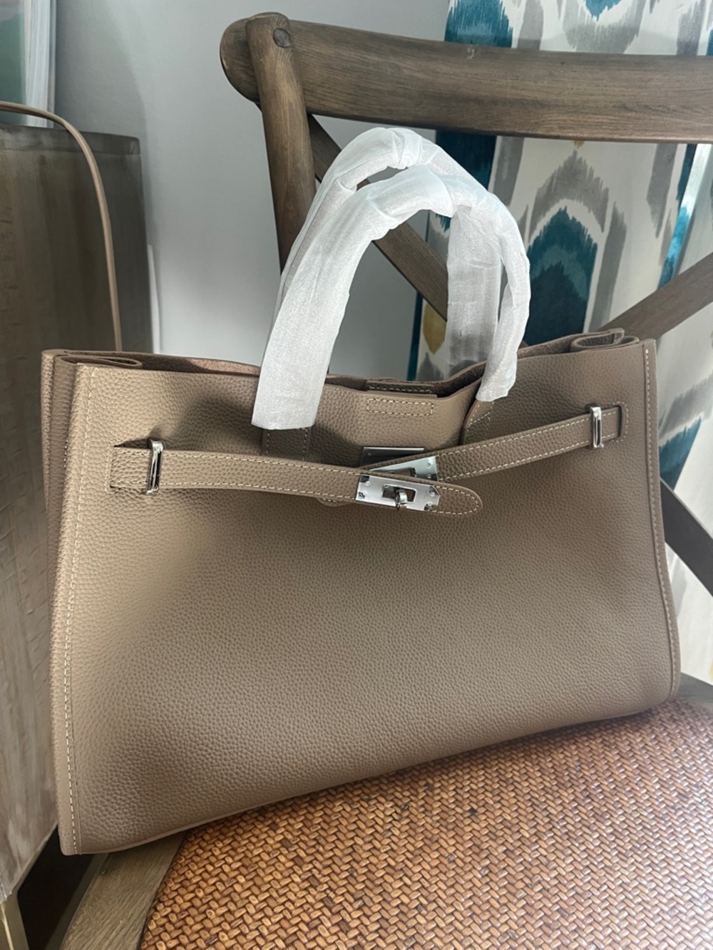 Genuine Leather Taupe Tote Bag with Silver Hardware